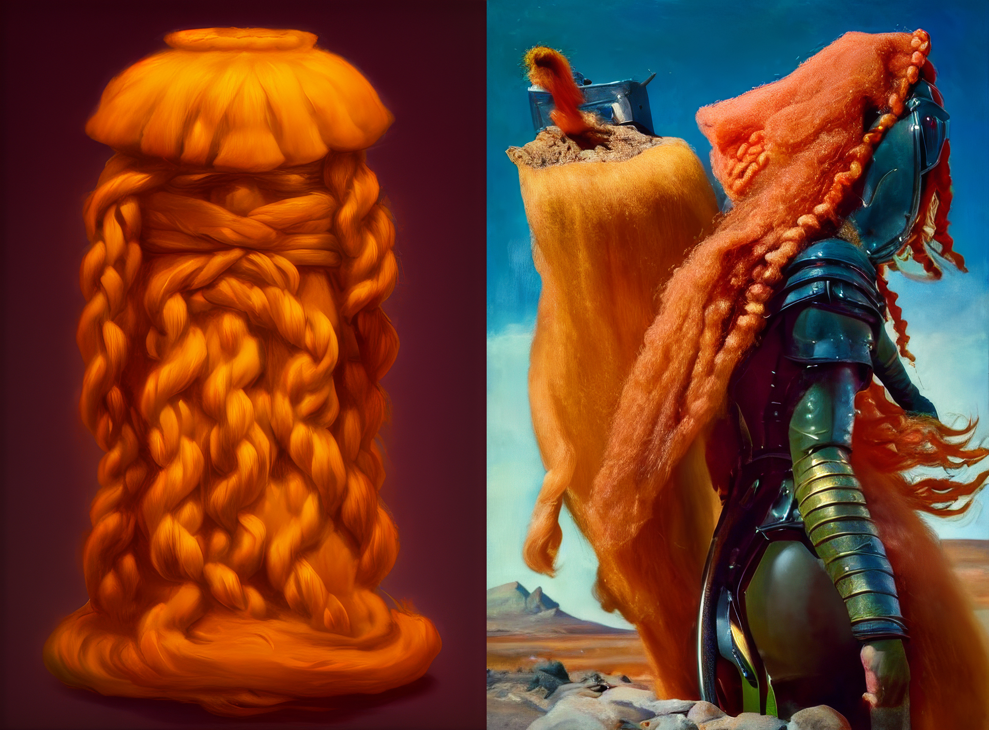 On the left: red hair shaped in almost the form of a person or face on a dark background. On the right: a figure in armor on the right with long fuzzy red hair, with a figure on the left that is almost entirely hair with a small piece of armor on top.